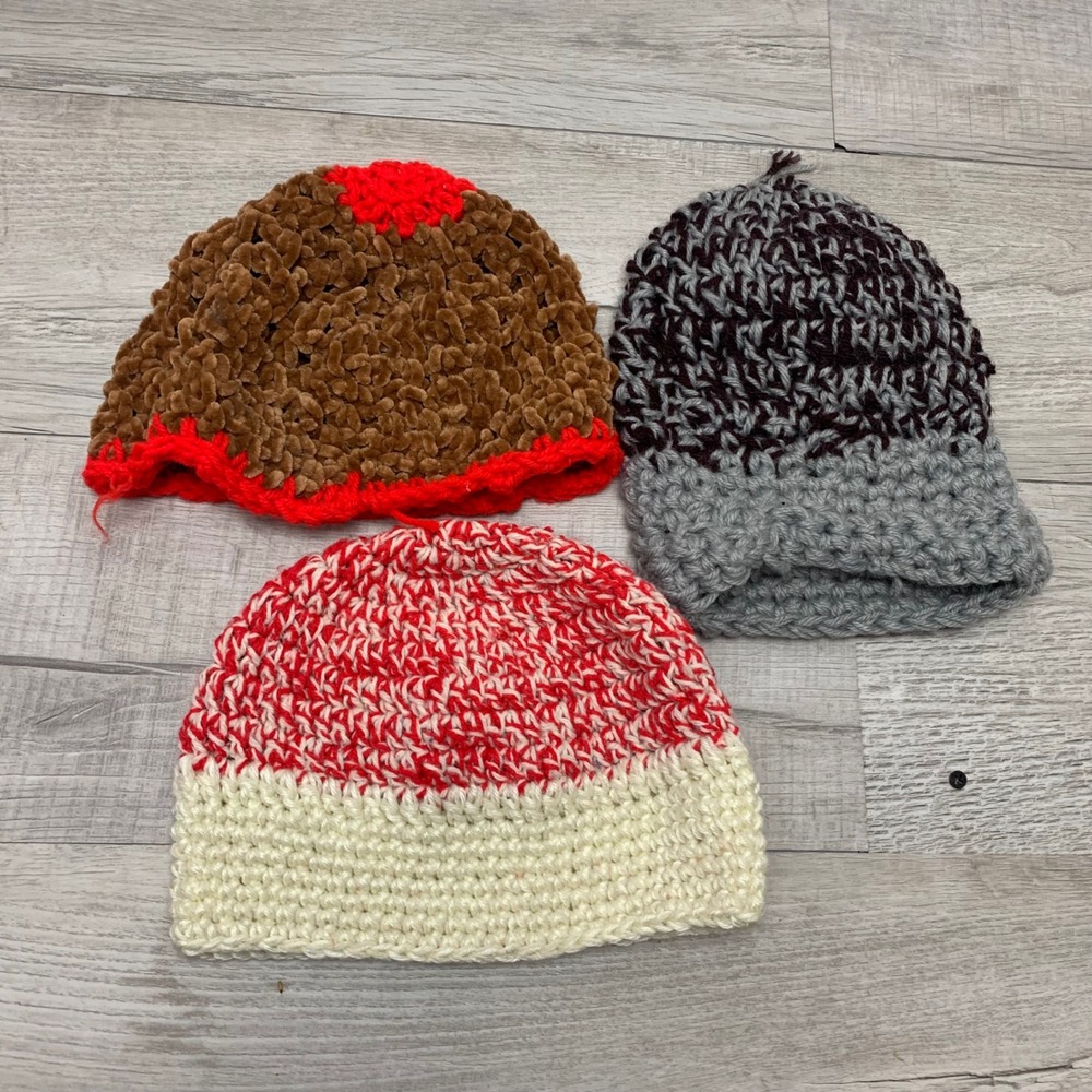 Handmade Crochet Beanie Hat Lot 3pc Winter Knit Caps Brown Grey Red Cream 2630